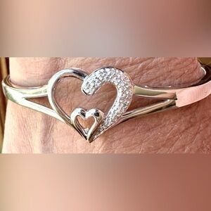 DOUBLE HEART DIAMOND STERLING SILVER BANGLE BRACELET